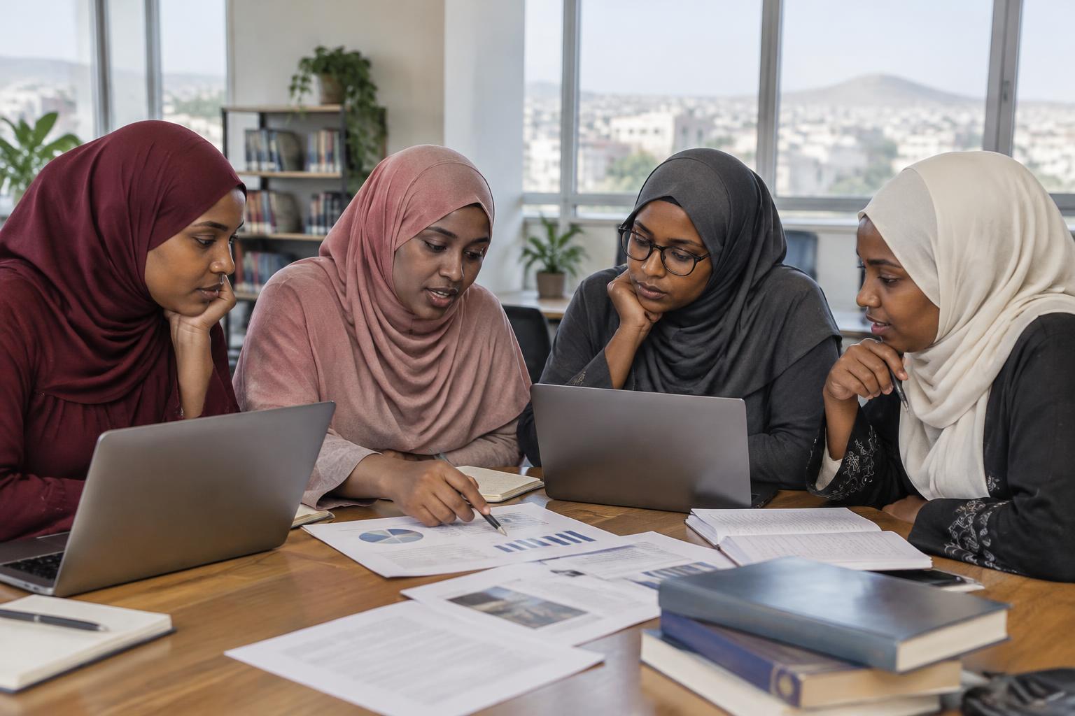 Illustrative Somali women researchers collaborating on an academic manuscript